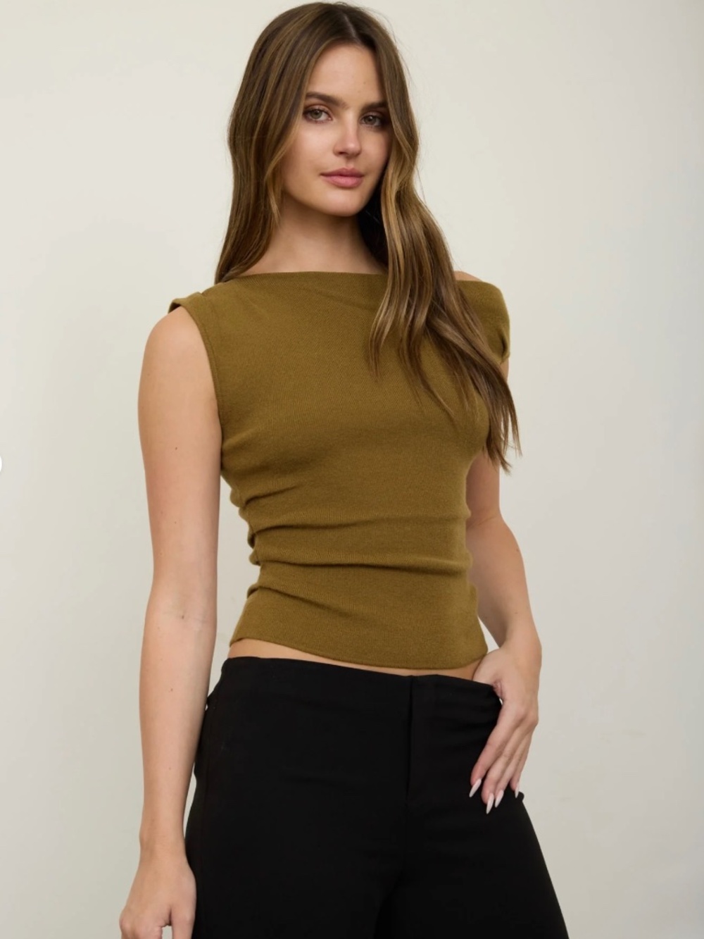 Asymmetric Boat Neck Knit Sweater in Moss Green Sm Med Lg